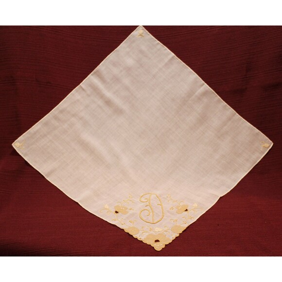 Vintage D Handkerchief Mid Century Modern Hankie Embroidered Floral Large Hankie - Picture 2 of 5